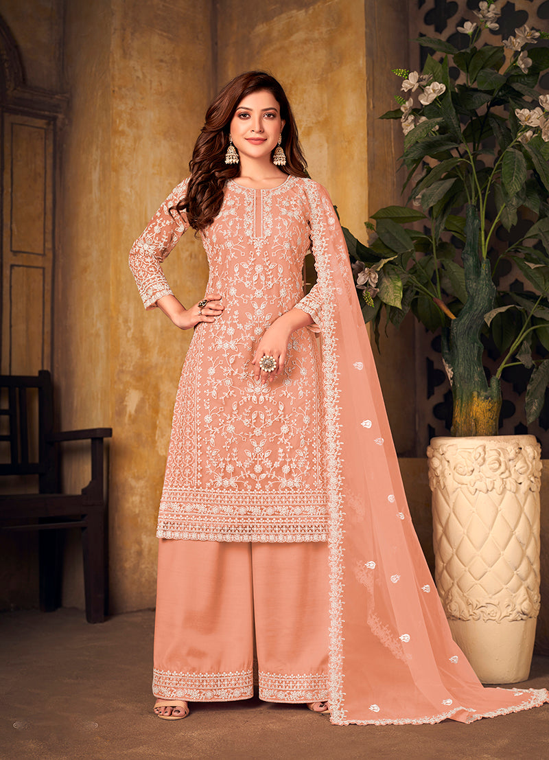 Peach Net Embroidered Designer Palazzo Suit
