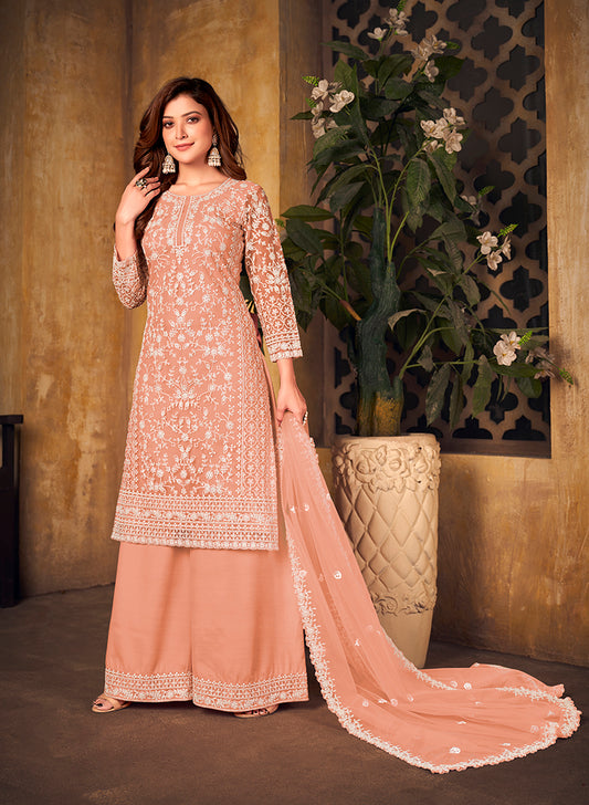 Peach Net Embroidered Designer Palazzo Suit