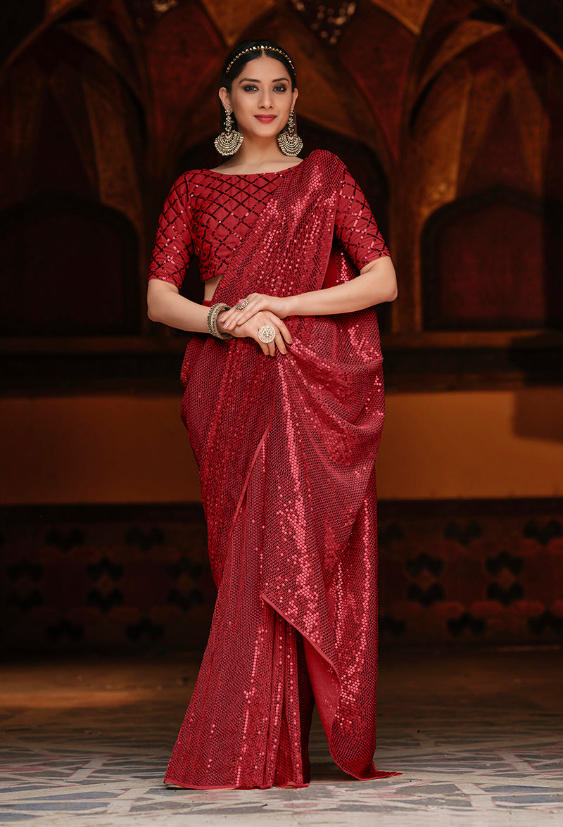 Red Georgette Sequence Work Classic Party Wear Saree