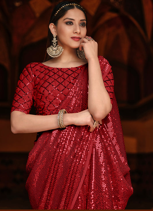 Red Georgette Sequence Work Classic Party Wear Saree