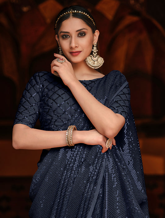 Navy blue Georgette  Sequence Work Classic Party Wear Saree