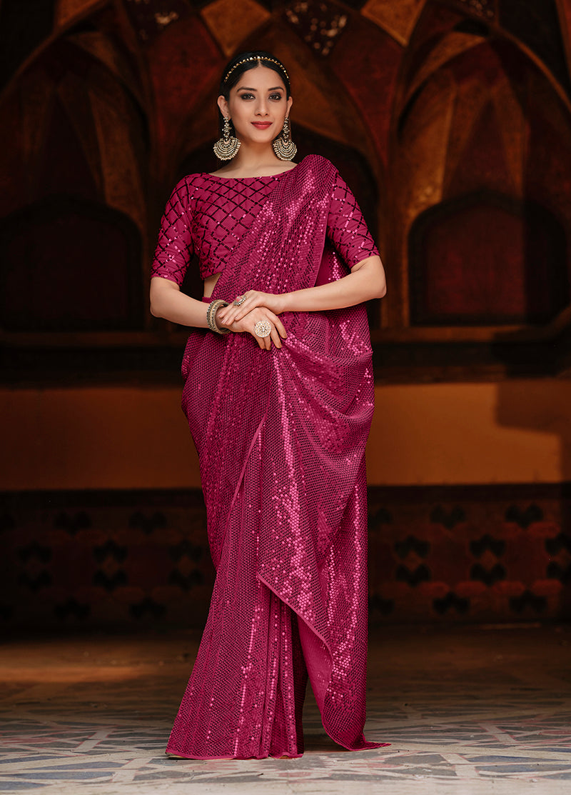 Rani Pink Georgette  Sequence Work Classic Party Wear Saree