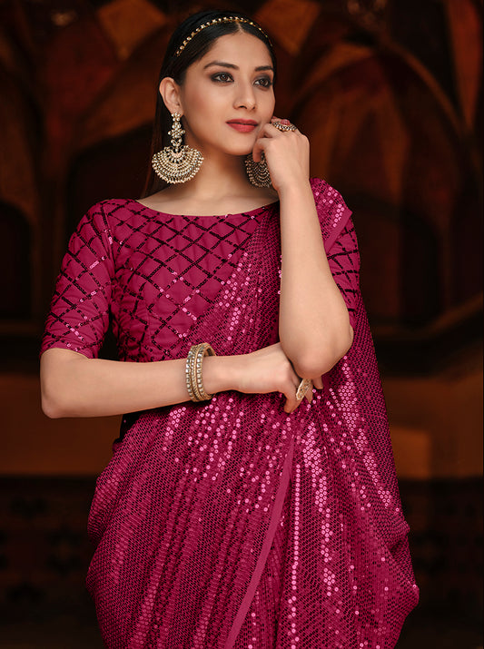 Rani Pink Georgette  Sequence Work Classic Party Wear Saree