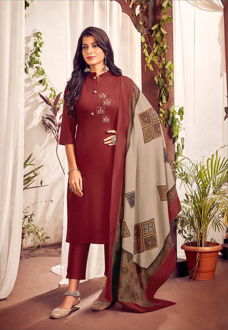 Maroon Color Cotton Designer Straight Suit