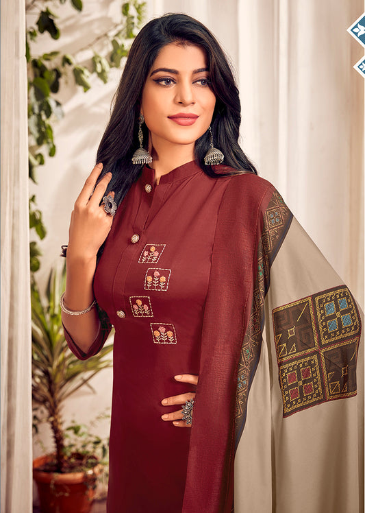 Maroon Color Cotton Designer Straight Suit