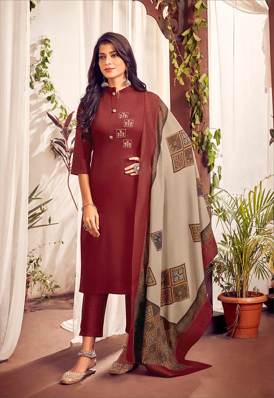 Maroon Color Cotton Designer Straight Suit
