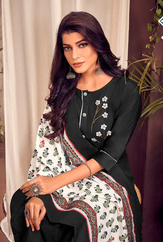 Black Color Cotton Designer Straight Suit