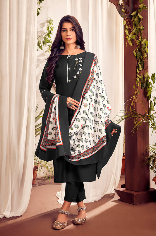 Black Color Cotton Designer Straight Suit
