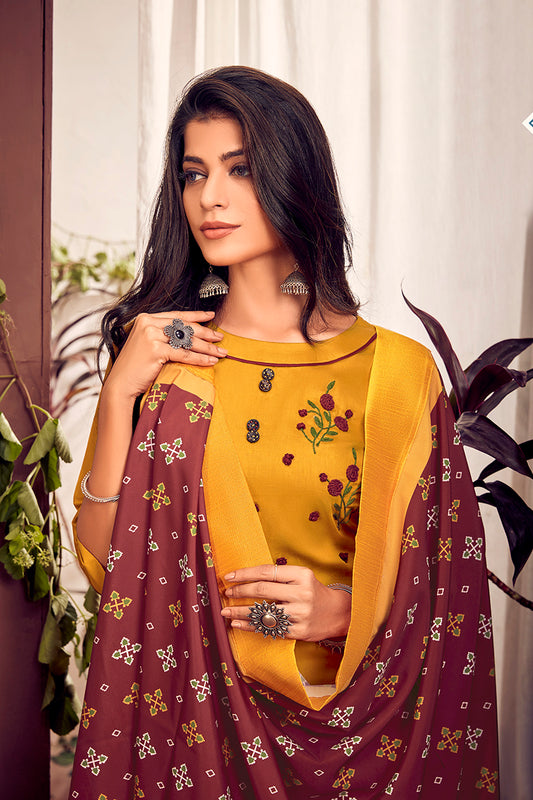 Mustard Color Cotton Designer Straight Suit