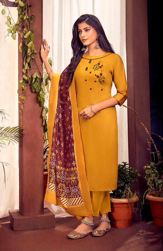Mustard Color Cotton Designer Straight Suit
