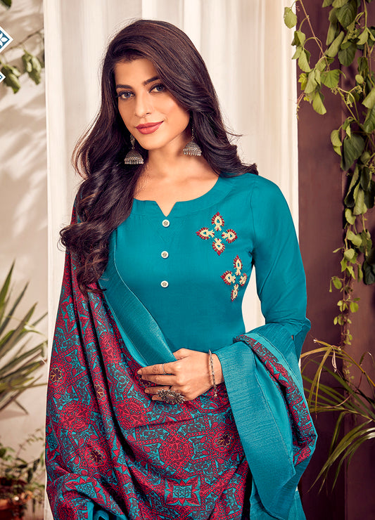 Blue Color Jam Cotton Printed Designer Straight Salwar Suit