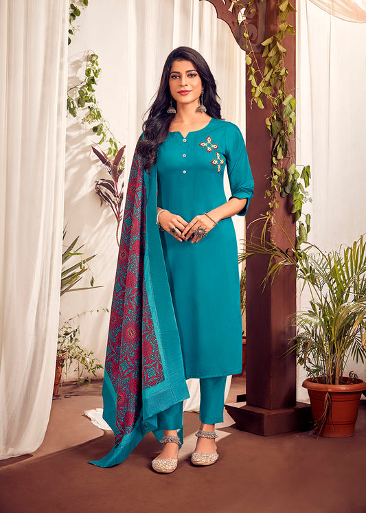Blue Color Jam Cotton Printed Designer Straight Salwar Suit