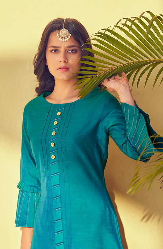 Turquoise Color Embroidered Roman Silk Straight Salwar Suit