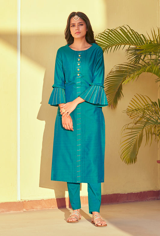 Turquoise Color Embroidered Roman Silk Straight Salwar Suit
