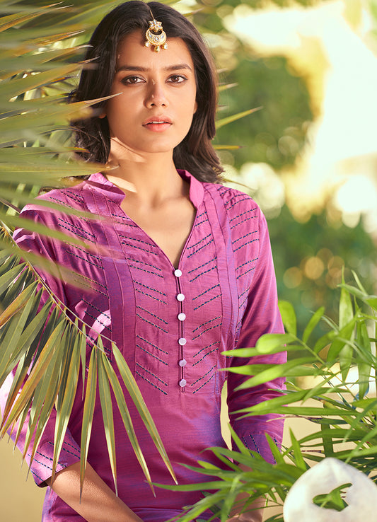 Mauve Color Embroidered Roman Silk Straight Salwar Suit