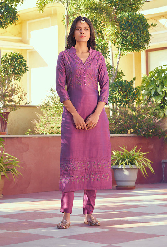 Mauve Color Embroidered Roman Silk Straight Salwar Suit
