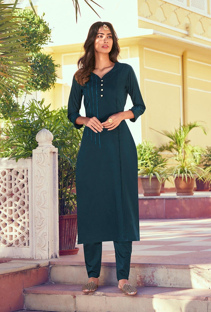 Dark Teal Color Embroidered Roman Silk Straight Salwar Suit