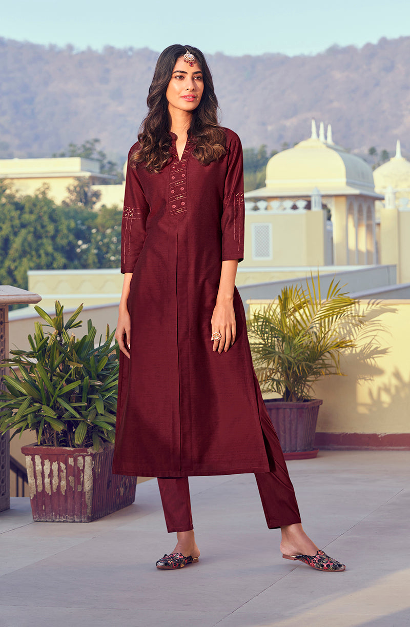 Maroon Color Embroidered Roman Silk Straight Salwar Suit