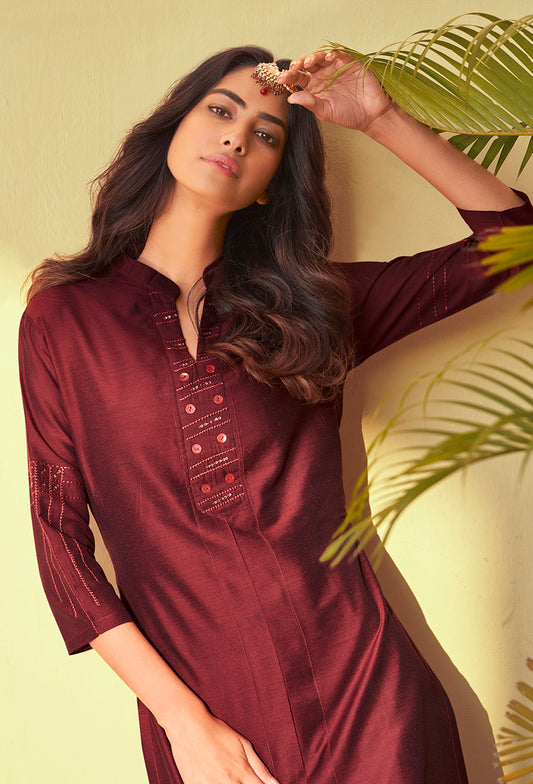 Maroon Color Embroidered Roman Silk Straight Salwar Suit