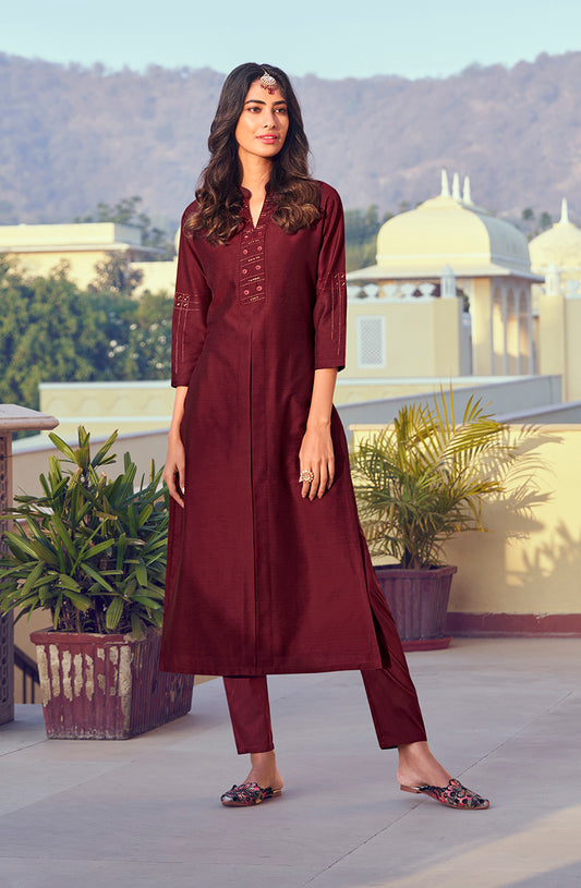 Maroon Color Embroidered Roman Silk Straight Salwar Suit