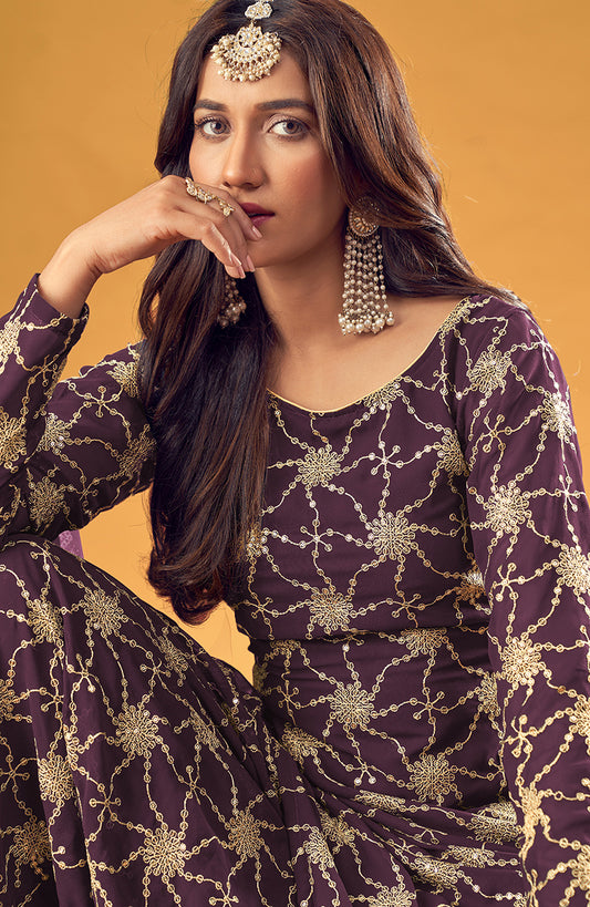 Purple Faux Georgette Embroidered Palazzo Suit