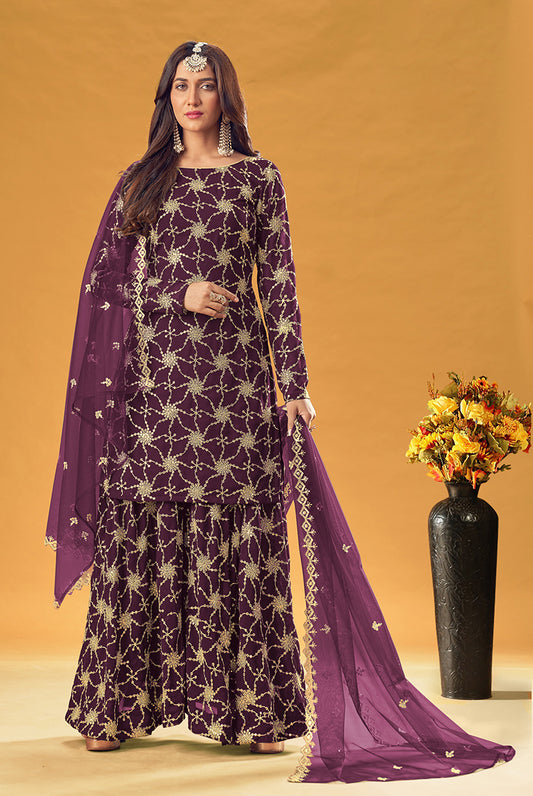 Purple Faux Georgette Embroidered Palazzo Suit