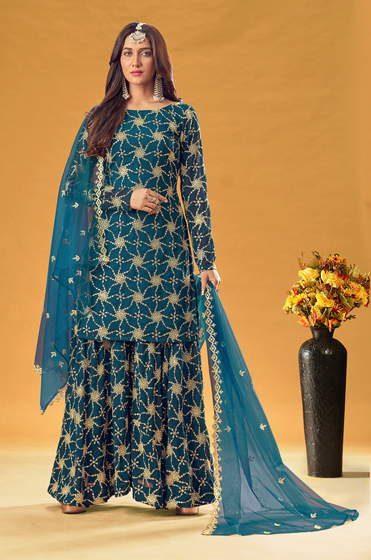 Teal blue Faux Georgette Embroidered Palazzo Suit