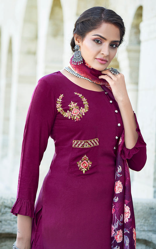 Purple Rayon Embroidered Designer Salwar Suit