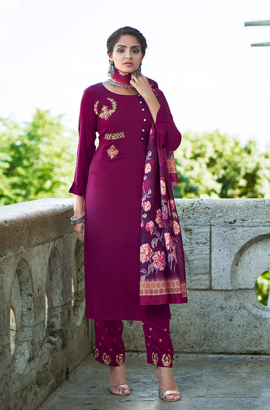 Purple Rayon Embroidered Designer Salwar Suit
