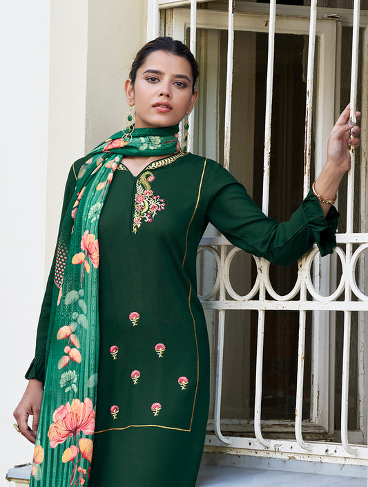 Dark Green Rayon Embroidered Designer Salwar Suit