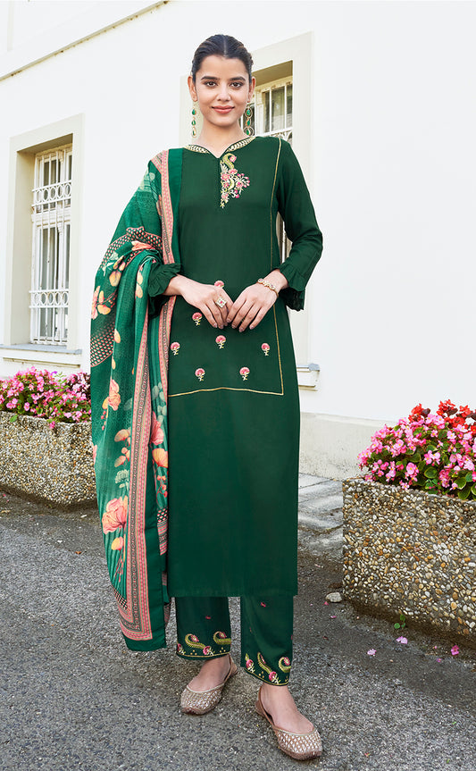 Dark Green Rayon Embroidered Designer Salwar Suit