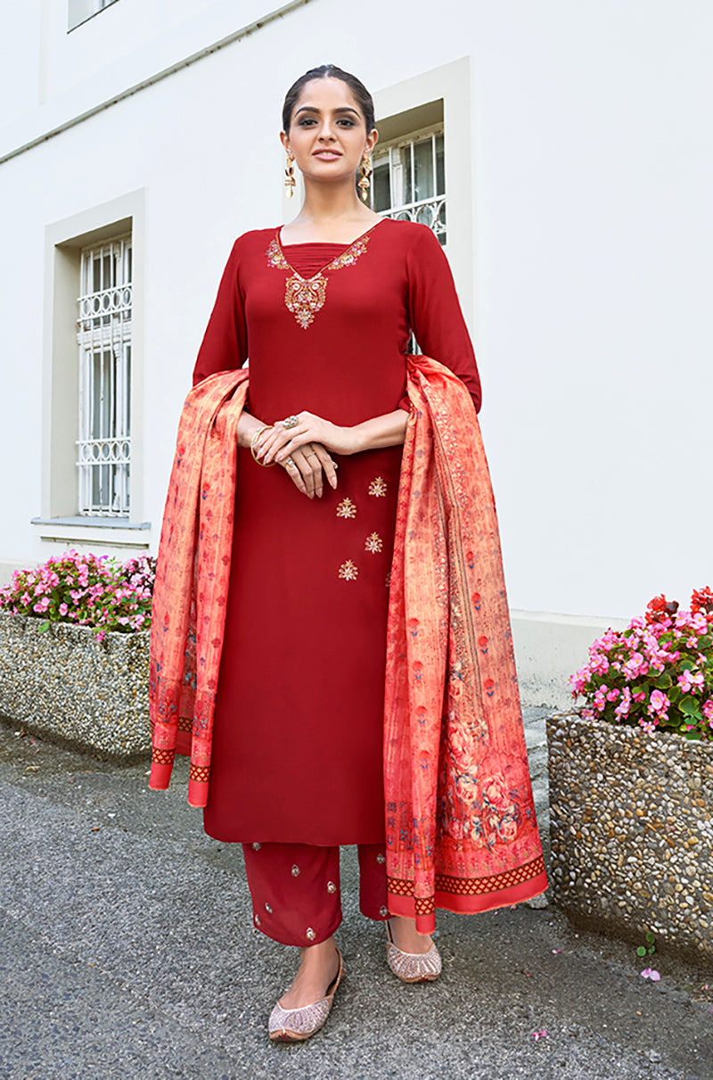 Red Rayon Embroidered Designer Salwar Suit With Maslin Dupatta