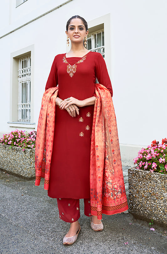 Red Rayon Embroidered Designer Salwar Suit With Maslin Dupatta