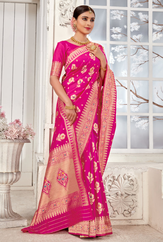 Pink Elegant Woven Silk Saree with Zari Work & Floral Motifs Comes with unstitched blouse
