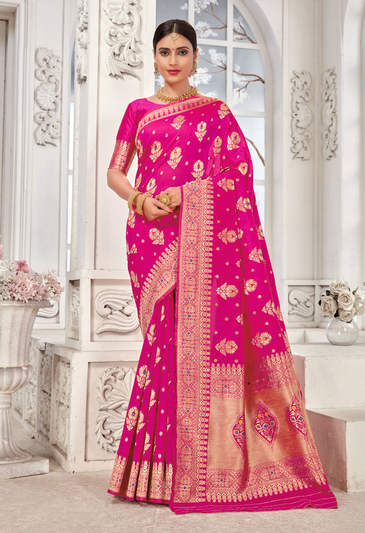 Pink Elegant Woven Silk Saree with Zari Work & Floral Motifs Comes with unstitched blouse