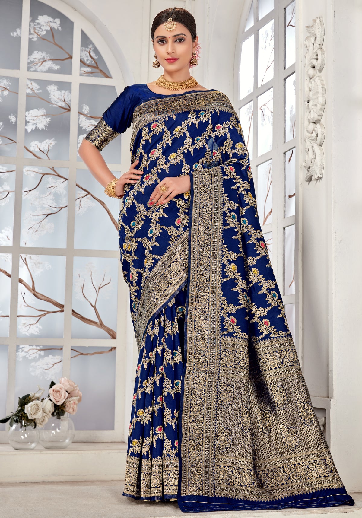 Navy Blue Banarasi Silk Woven Elegant Saree