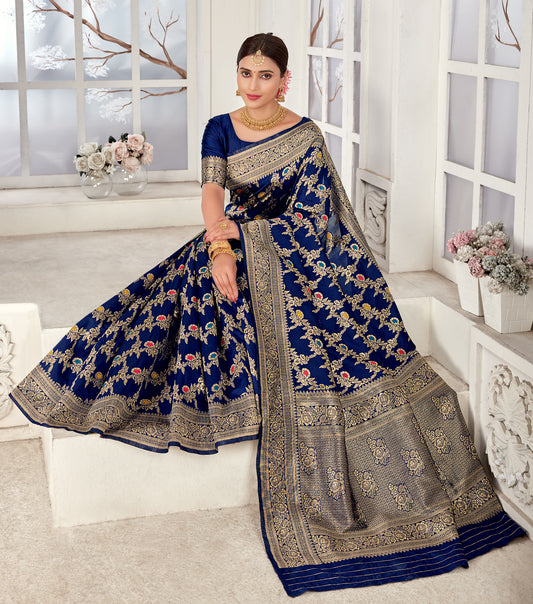 Navy Blue Banarasi Silk Woven Elegant Saree