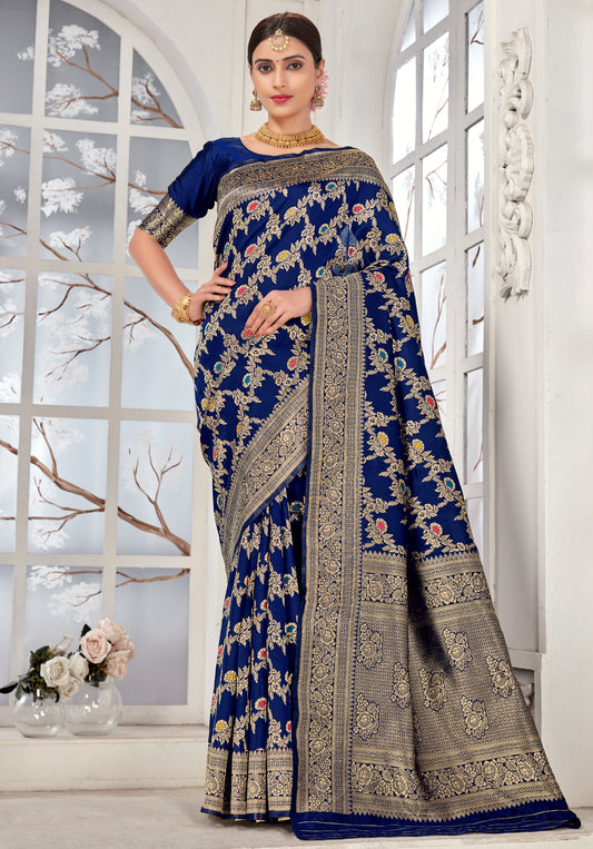 Navy Blue Banarasi Silk Woven Elegant Saree
