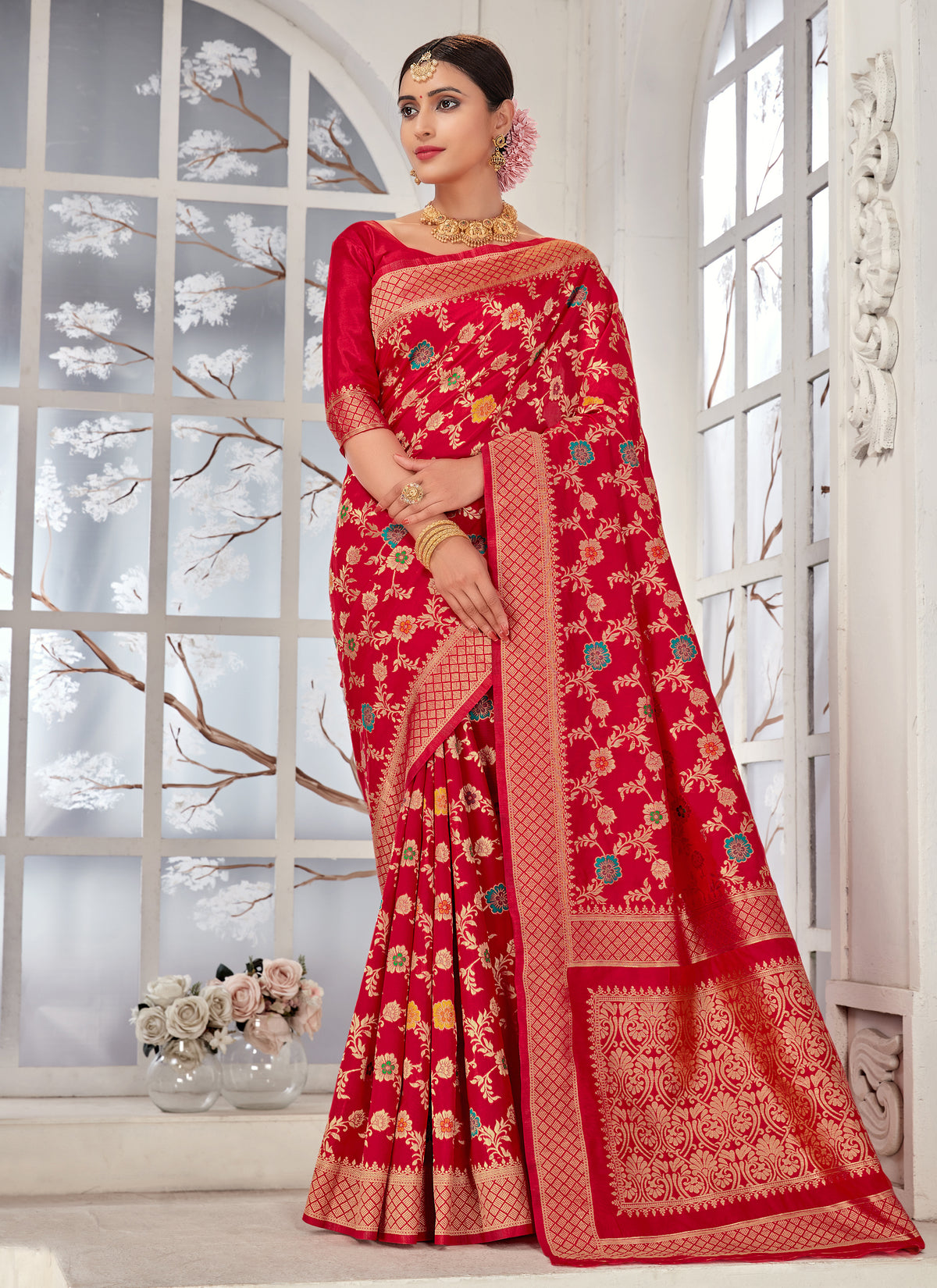 Red Silk Zari Work & Floral Motifs Elegant Saree