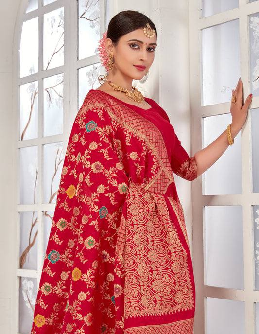 Red Silk Zari Work & Floral Motifs Elegant Saree