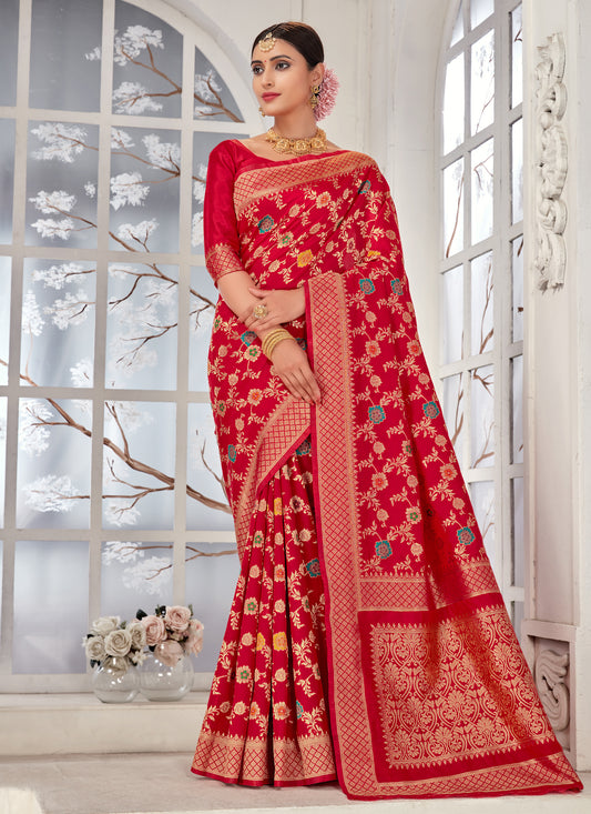Red Silk Zari Work & Floral Motifs Elegant Saree