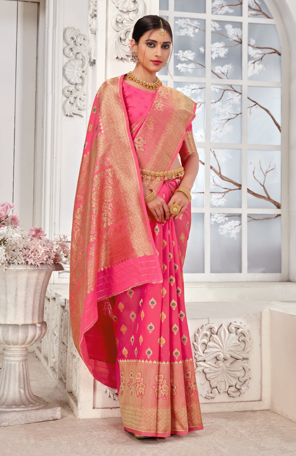 Peach Banarasi Silk Zari Work & Floral Motifs Saree