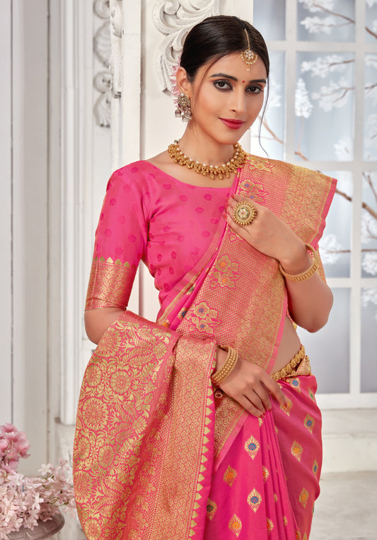 Peach Banarasi Silk Zari Work & Floral Motifs Saree