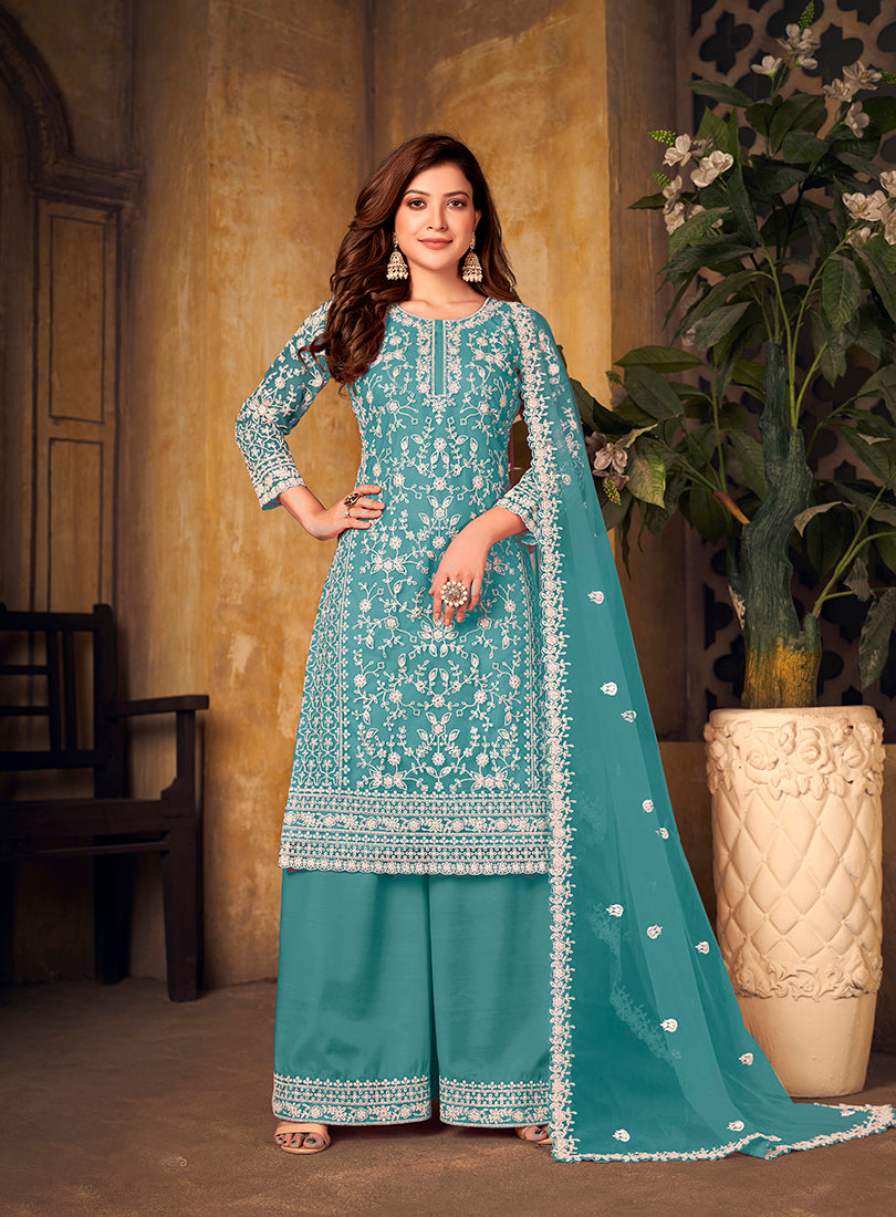 Sky blue Net Embroidered Palazzo Salwar Kameez