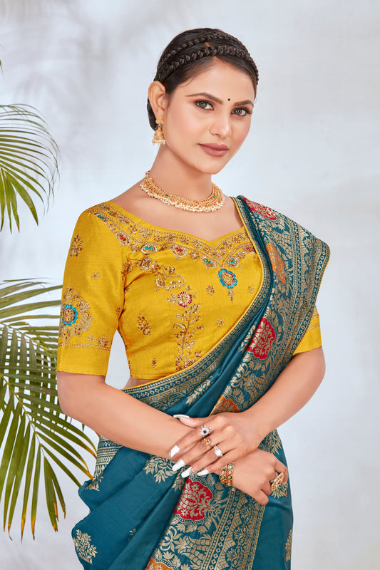 Turquoise Banarasi Silk Blend Woven Beautiful Saree