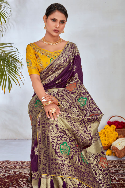 Purple Banarasi Silk Blend Woven Classy Saree