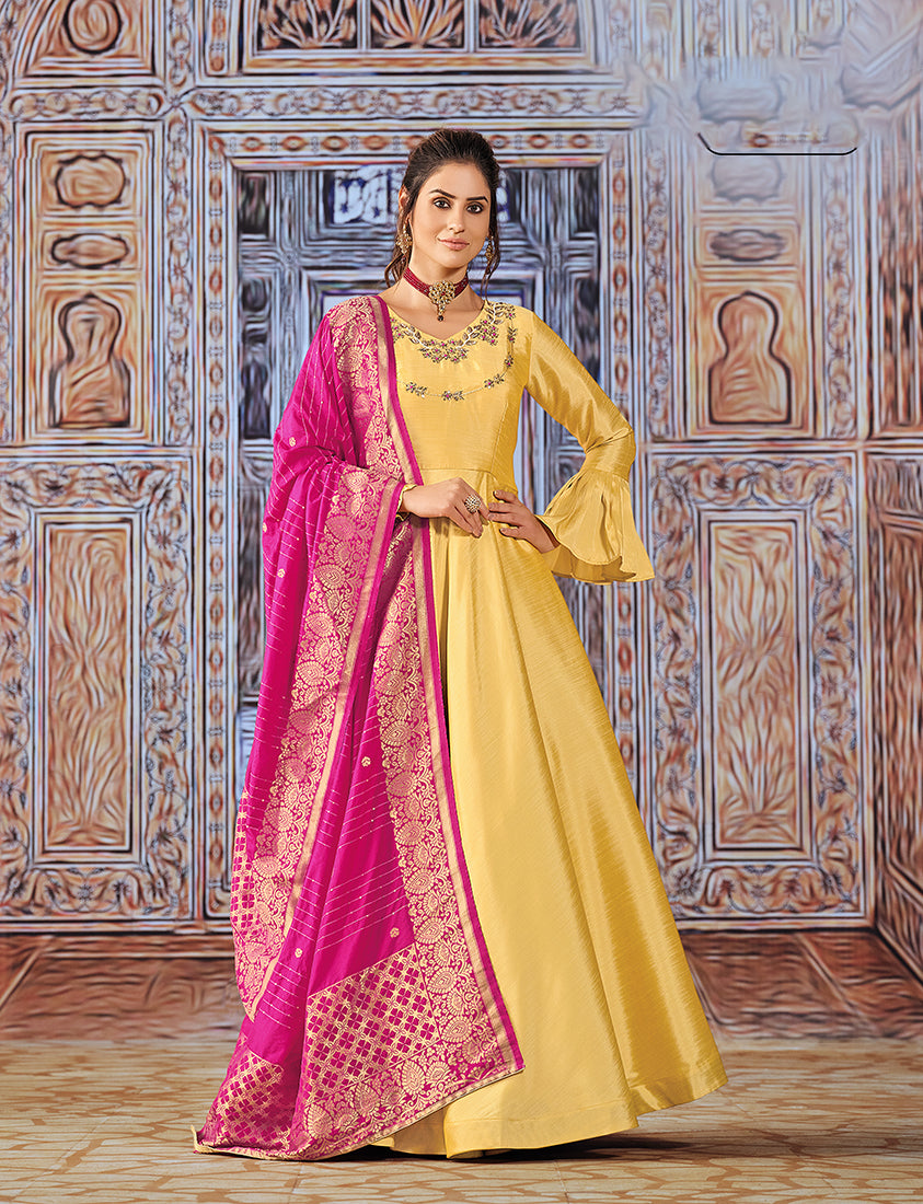 Yellow Art Silk Embroidered Readymade Anarkali Suit