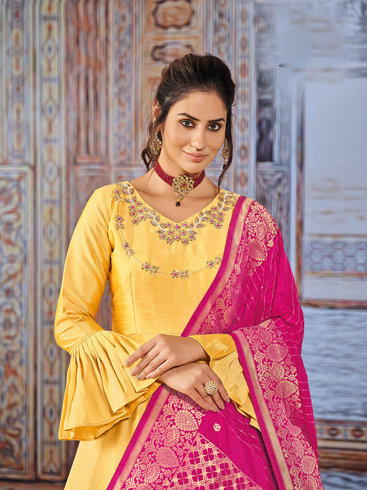 Yellow Art Silk Embroidered Readymade Anarkali Suit