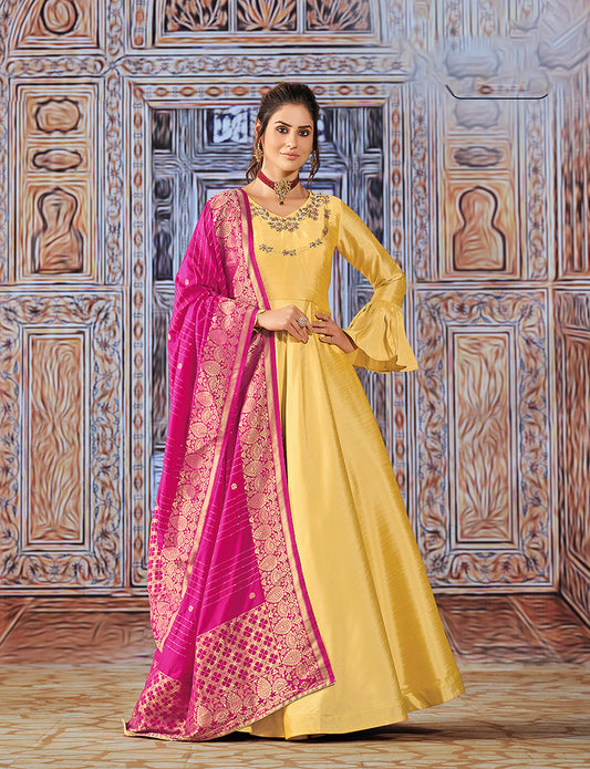 Yellow Art Silk Embroidered Readymade Anarkali Suit