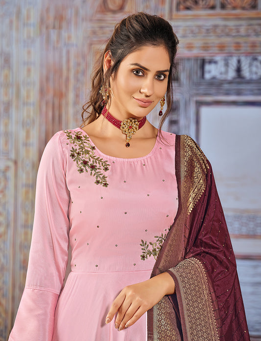 Light Pink Art Silk Embroidered Readymade Anarkali Suit